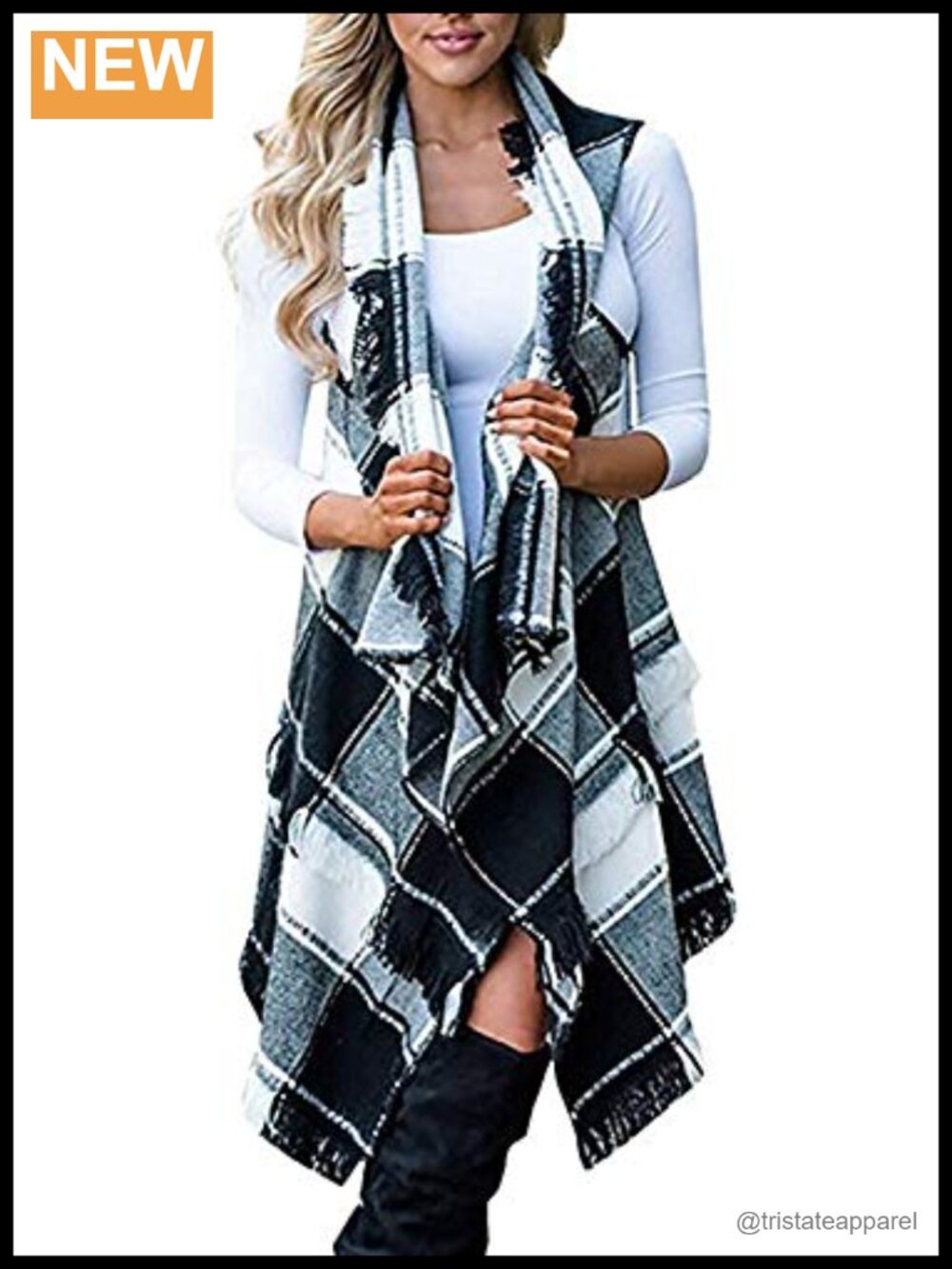 Plaid Cardigan Vest Sleeveless Open Front Asymmetrical Tassel Hem
